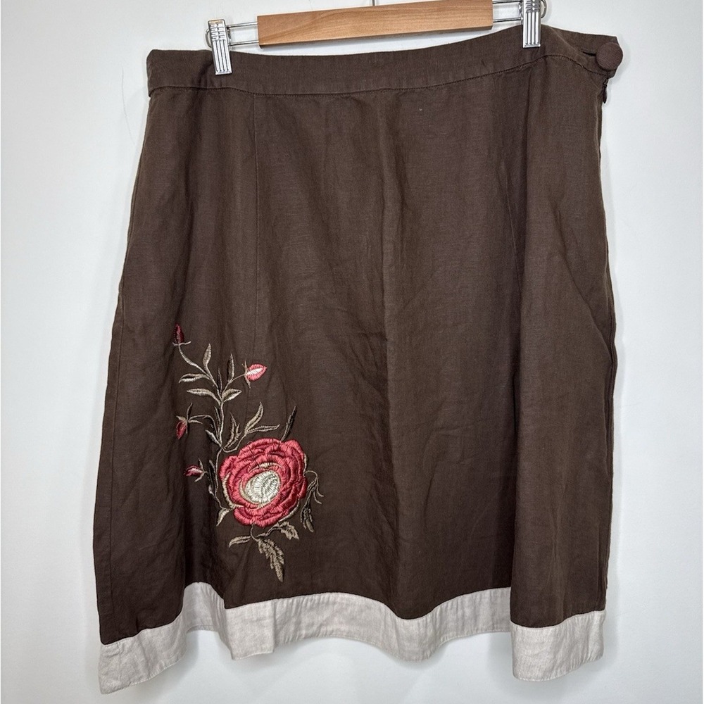 Vintage Linen Blend Skirt 16 Brown Floral Embroider Woodland Fairy Boho Cottage